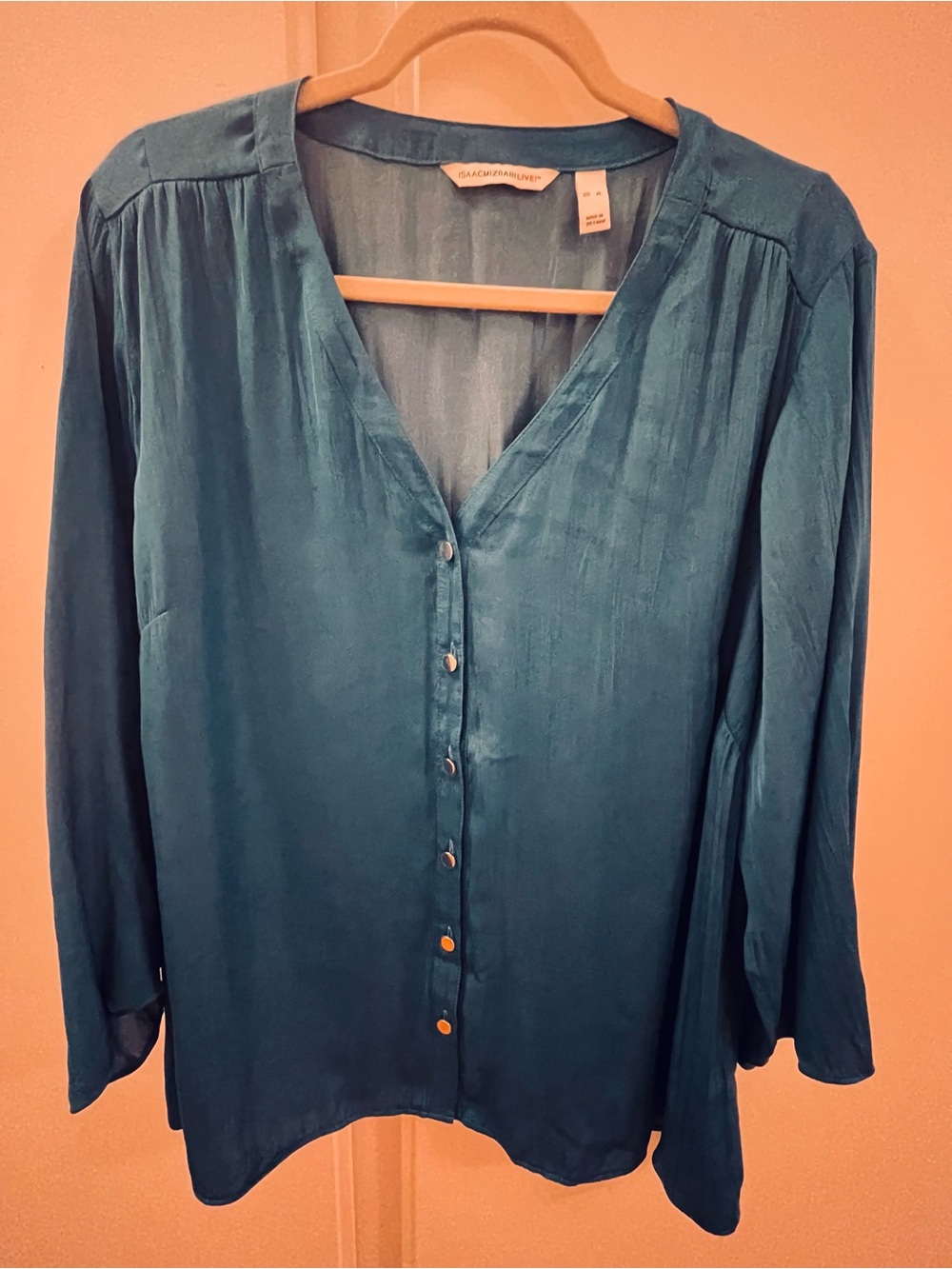 Isaac Mizrahi Teal Button-Front V-Neck Blouse - XL